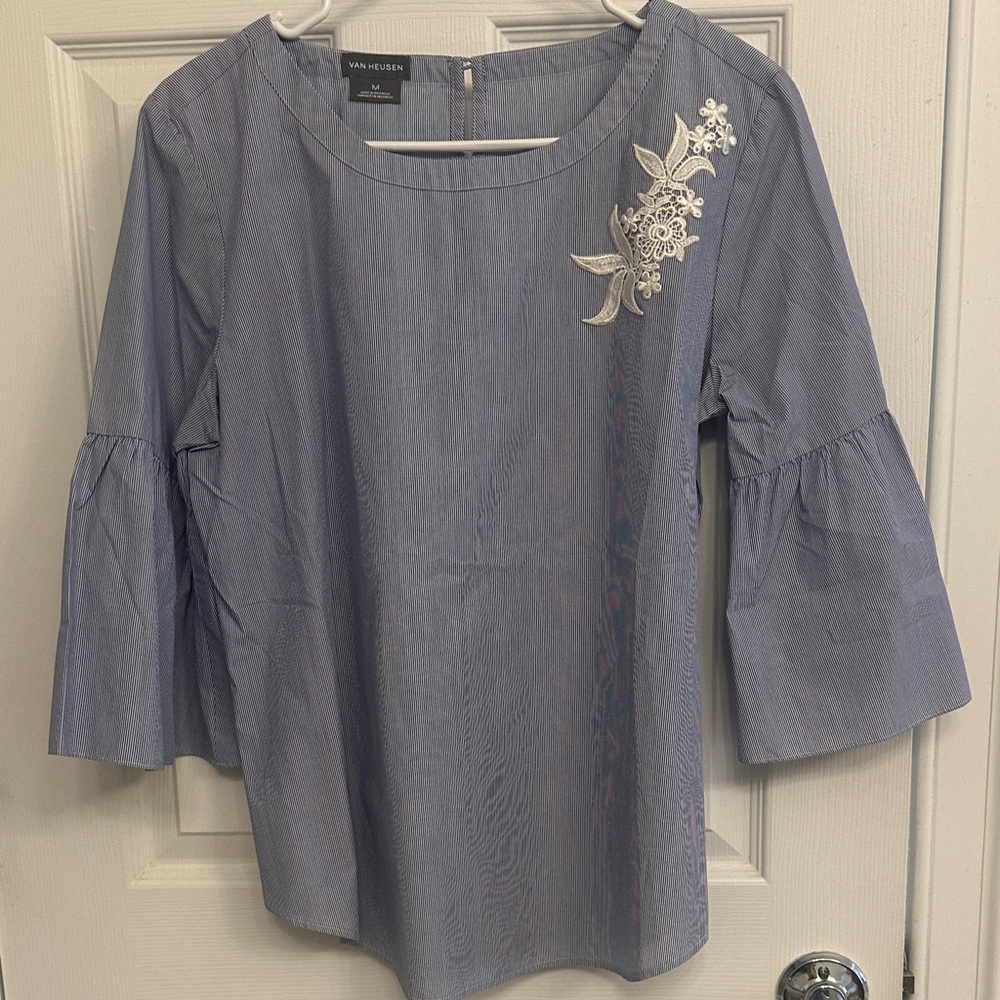 Ann Taylor Blue Blouse with White Floral Detail